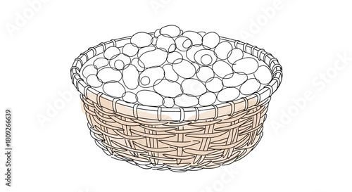 Basket full of white silkworm cocoons sericulture farming concept one line minimalist illustration with watercolor fill, trendy vector
