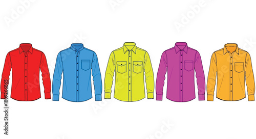A colorful lineup of five long sleeved button down shirts in various hues