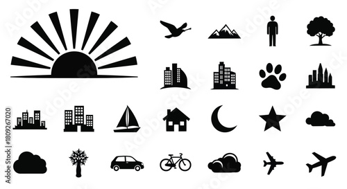 Black silhouette icons depicting nature city and transportation elements
