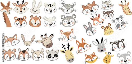 Minimal cute animal faces and tiny characters in soft colors, great for nursery decor, kids stickers, storybooks and educational use. EPS