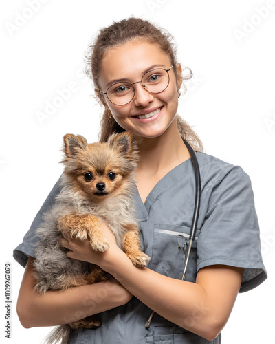 Caring veterinarian gently holds a cute puppy, radiating warmth and professionalism for animal health campaigns and pet adoption drives, showcasing modern veterinary care with compassion