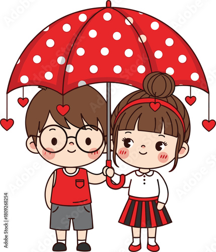 Cartoon couple, red umbrella, heart ornaments, affectionate pose, love theme, cute characters, rainy day, flat vector illustration