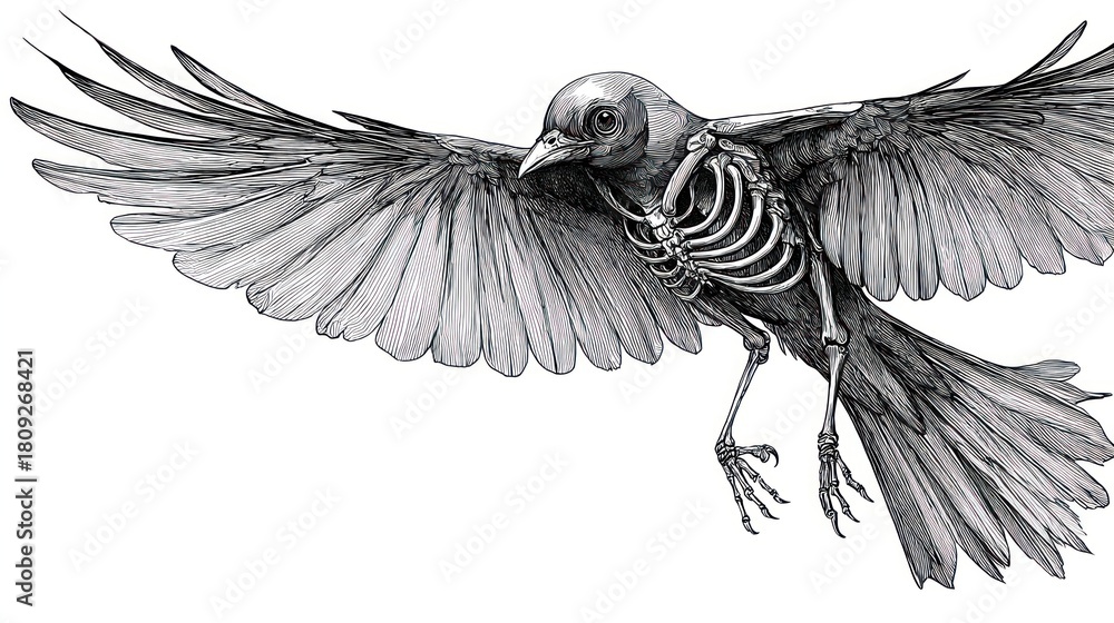 Naklejka premium A grayscale illustration of a bird in flight, with exposed skeletal structure visible