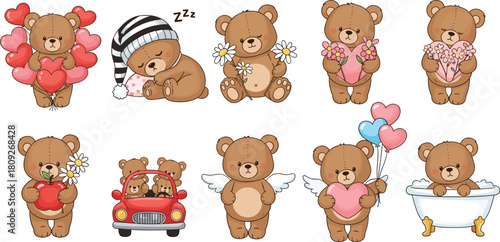 Cartoon teddy bears, heart balloons, angel wings, flower bouquet, red car ride, cute characters, love theme, flat vector illustration