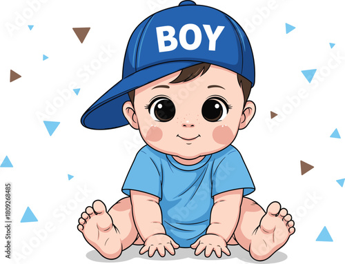 Cartoon baby boy, blue outfit, baseball cap, expressive eyes, rosy cheeks, sitting pose, playful theme, flat vector illustration