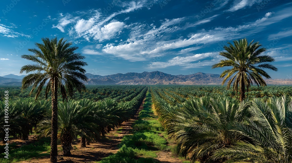Fototapeta premium Stunning wide-angle photograph of a massive, thriving green plantation in the middle of a desert, with rows of palm trees under a bright blue sky.