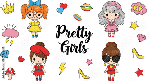 Pretty girls cartoon, fashion outfits, colorful icons, stylish accessories, playful theme, whimsical design, flat vector illustration