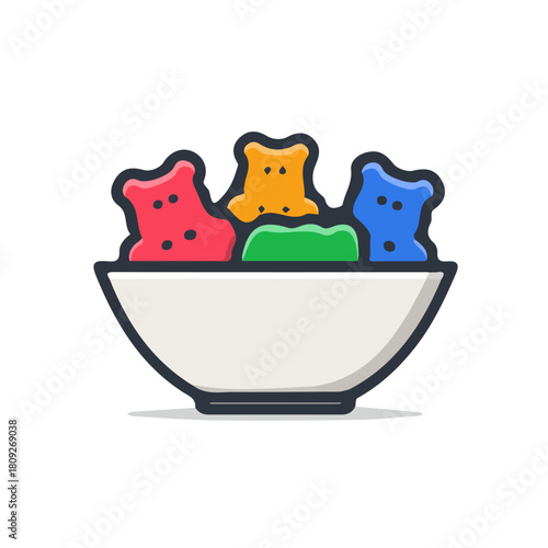 Watercolor hand-painted a bowl of gummy bears with realistic texture on a white background, cute illustration, flat watercolor painting, simple and detailed design