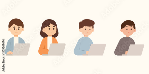Set of flat cartoon illustration of office worker working on laptop computer. Co-working and working space concept.