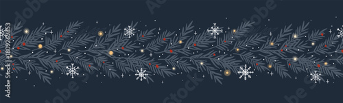Lovely hand drawn horizontal seamless borders with winter branches, Christmas design, great for decorations, prints, cards - vector design