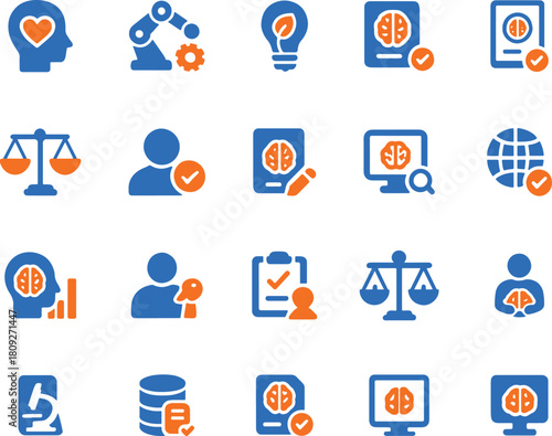 Set of 20 color law and justice icons showing legal system concepts and regulatory compliance
