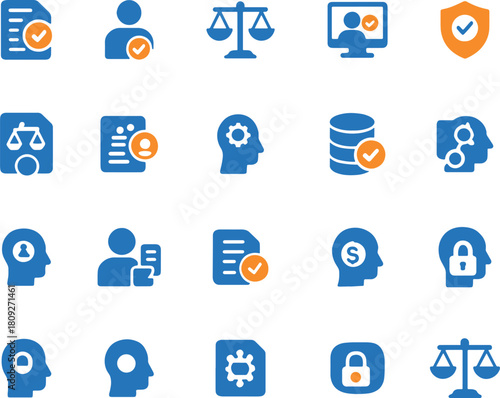 Set of 20 color law and justice icons showing legal system concepts and regulatory compliance
