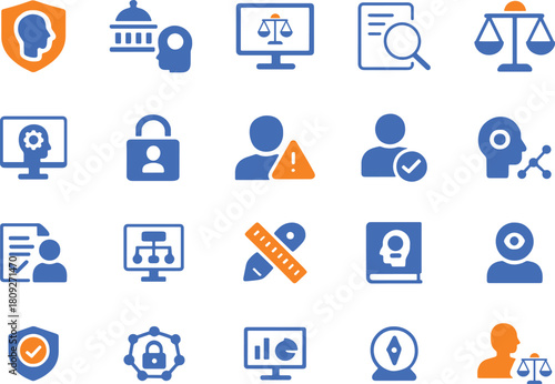 Set of 20 color law and justice icons showing legal system concepts and regulatory compliance