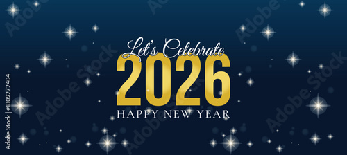 Elegant New Year 2026 Banner with Hanging Ornaments and Stars