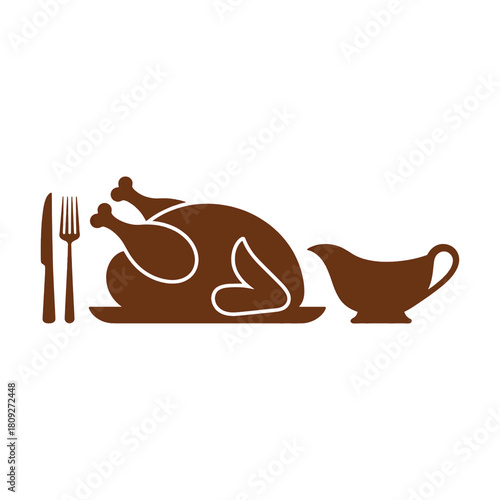 Brown silhouette of a roasted chicken with cutlery and gravy boat roast chicken turkey