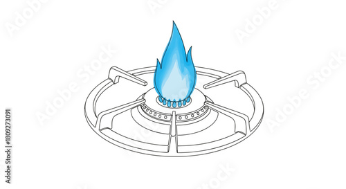 Kitchen gas stove burner with blue flame energy cooking concept one line minimalist illustration with watercolor fill