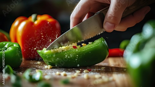 Close-Up of Hand Slicing a Green Bell Pepper on Wooden Cutting Board with Red Pepper and Chopped Ingredients in Background, Kitchen Scene