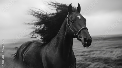 Close-up of horse with windblown mane in motion 