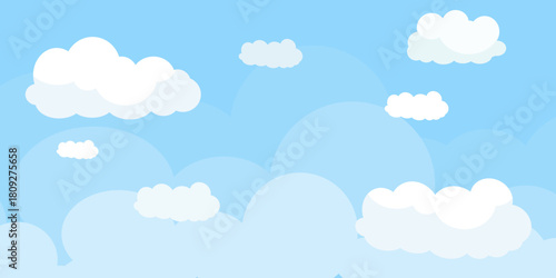 Illustration of a blue sky with white clouds in a flat style. Blue sky background and white clouds. Cartoon sky	