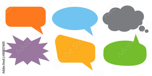 
A simple design set of colorful message comment chat boxes. A collection of comic and social media speech bubbles, text boxes, and chat boxes. A vector set of comic and social media speech bubbles.