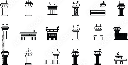Airport control tower icon set, aviation radar silhouette, communication tower vector, antenna design, navigation structure, satellite dish outline, infrastructure art