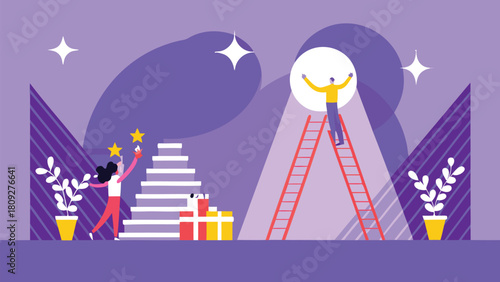 Abstract ladder reaching towards a glowing orb symbolizing aspiration achievement and discovery in a minimalist futuristic design