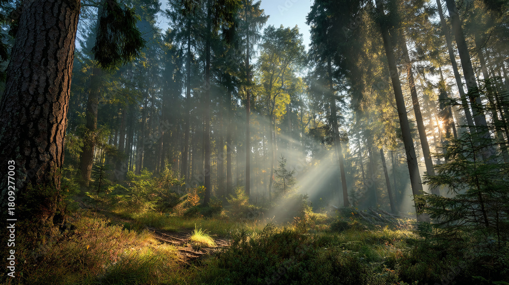 Obraz premium Sunlight streaming through tall trees in a dense forest with green foliage below