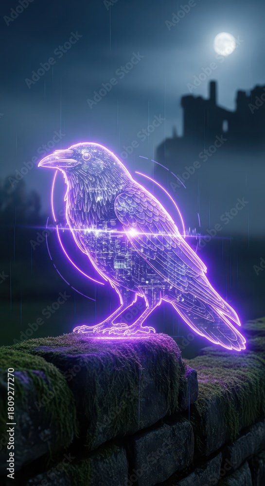 Fototapeta premium Digital holographic bird silhouette glows with bright purple light perched upon a mossy stone wall at night