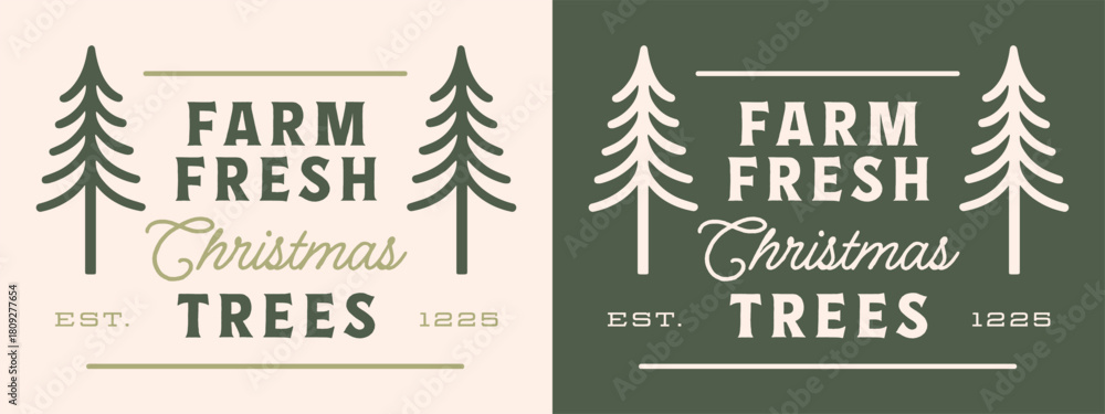 Fototapeta premium Farm fresh christmas trees local market sign natural freshly cut tree shop organic sustainable logo label. Vintage retro rustic green aesthetic fir pine illustration poster print sticker tag design.