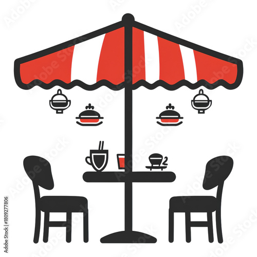 Outdoor dining area with red and white striped umbrella on transparent background