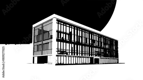 High-contrast monochrome illustration of a sleek contemporary office building with clean lines, geometric shapes, and minimal ornate details, set against a subtle gradient background that transitions 