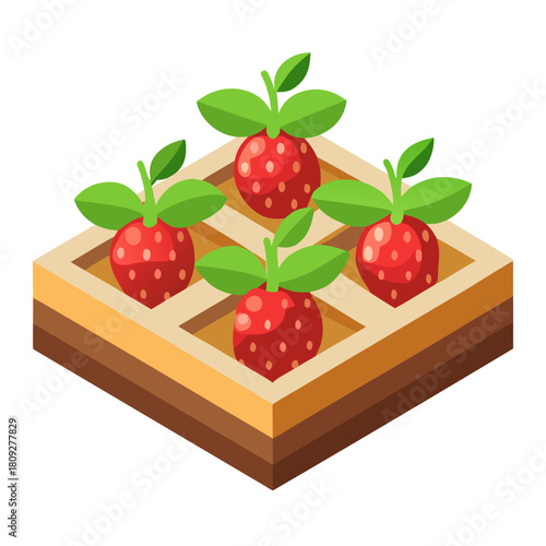 Vector garden isolated on a white background. Illustration of mature growing strawberries in the garden on the bed. Strawberry icon on the garden bed for gardening or farm.