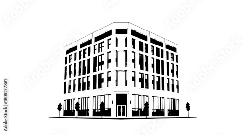 High-contrast monochrome illustration of a sleek contemporary office building with clean lines, geometric shapes, and minimal ornate details, set against a subtle gradient background that transitions 