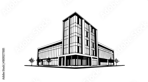 High-contrast monochrome illustration of a sleek contemporary office building with clean lines, geometric shapes, and minimal ornate details, set against a subtle gradient background that transitions 