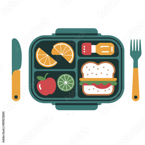 Flat illustration of a teal lunchbox with food and cutlery sandwich apple