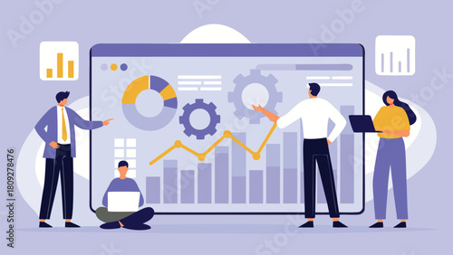 Diverse team of analysts meticulously examining and comparing complex line graphs and key performance indicator metrics on a digital display highlighting data analysis and business strategy
