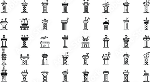 Airport control tower icon set, aviation radar silhouette, communication tower vector, antenna design, satellite dish outline, navigation structure, infrastructure art