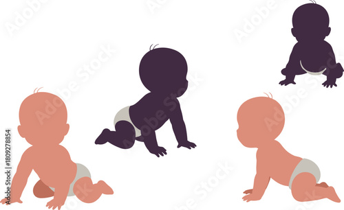 Baby crawling illustration, infant development stages, toddler growth, child milestone, crawling poses, baby silhouette art, early childhood motion, diaper design, baby posture