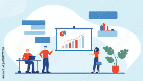 Professional business meeting scene featuring diverse characters in a modern office setting engaged in presentation and discussion suitable for corporate communication and design projects