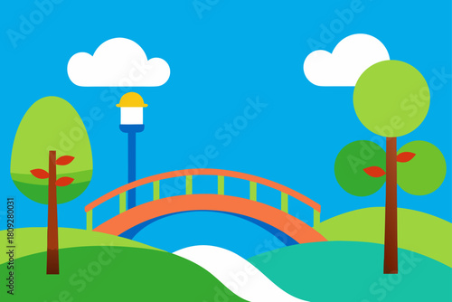 A vibrant cartoon vector illustration of a green spring landscape featuring a bright rainbow across a blue sky with white clouds, sun, rolling hills, and trees over a grassy summer meadow