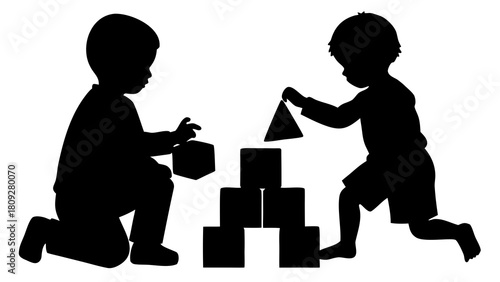Silhouette of two children playing with building blocks creating a tower of geometric shapes on a white background showing childhood development and educational play time