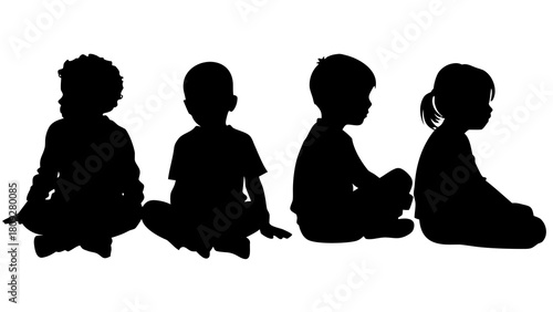 Four children sitting in silhouette against a white background in a row creating a sense of unity and childhood innocence representing togetherness and the beauty of simple moments in life