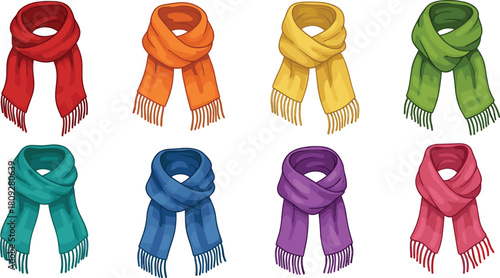 Colorful Cartoon Scarves with Knots and Fringes for Fashion UI, Winter Accessories Graphics, Apparel Design, Seasonal Clothing Illustration Assets