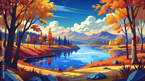 Very beautiful autumn scene showcasing a deep blue pond in Lewis & Clark State Park, North Dakota, framed by warm fall foliage and gentle slanting golden light in a clean, non-specific, stock-safe sty