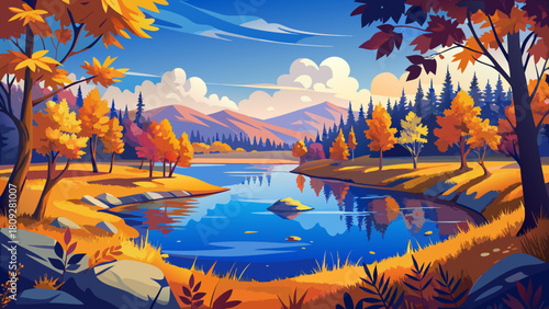 Very beautiful autumn scene showcasing a deep blue pond in Lewis & Clark State Park, North Dakota, framed by warm fall foliage and gentle slanting golden light in a clean, non-specific, stock-safe sty