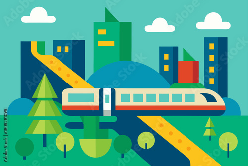 Vector illustration of a cartoon urban landscape featuring a city street with cars, buses, and a train traveling past modern buildings and houses under a blue sky with clouds