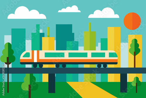 Vector illustration of an urban cityscape design with skyscrapers, trees, and green eco-friendly buildings