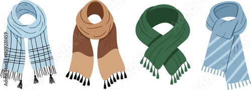 Stylized Scarf Designs in Varied Colors and Patterns for Fashion UI, Winter Accessories Graphics, Textile Illustration, Apparel Design Assets