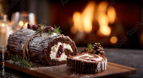 Chocolate yule log cream filling cherry jam rustic dessert holiday cake