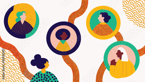 Diverse group of stylized characters engaged in dynamic interaction within a vibrant abstract and colorful geometric environment showcasing creative design and communication